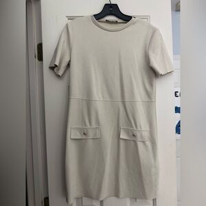 Zara Cream Short-Sleeve Shift Dress with Front Flap Pockets